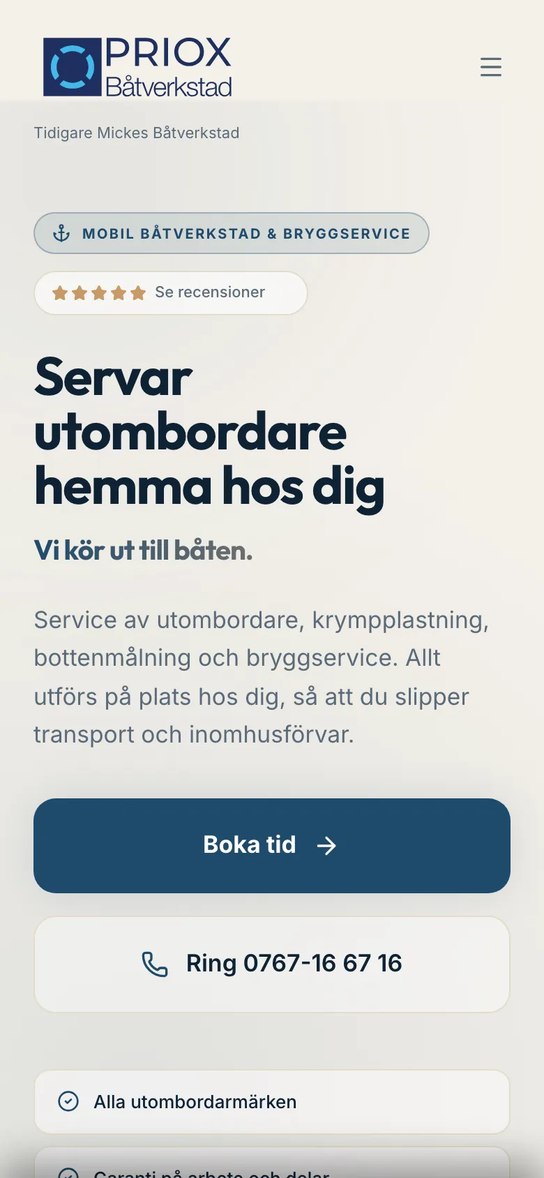 Skärmbild av Priox Båtverkstad på mobil