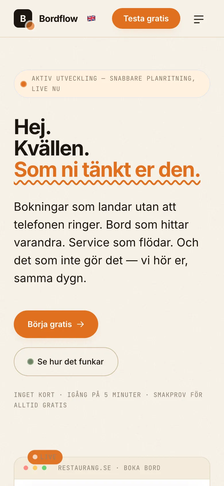 Skärmbild av Bordflow på mobil