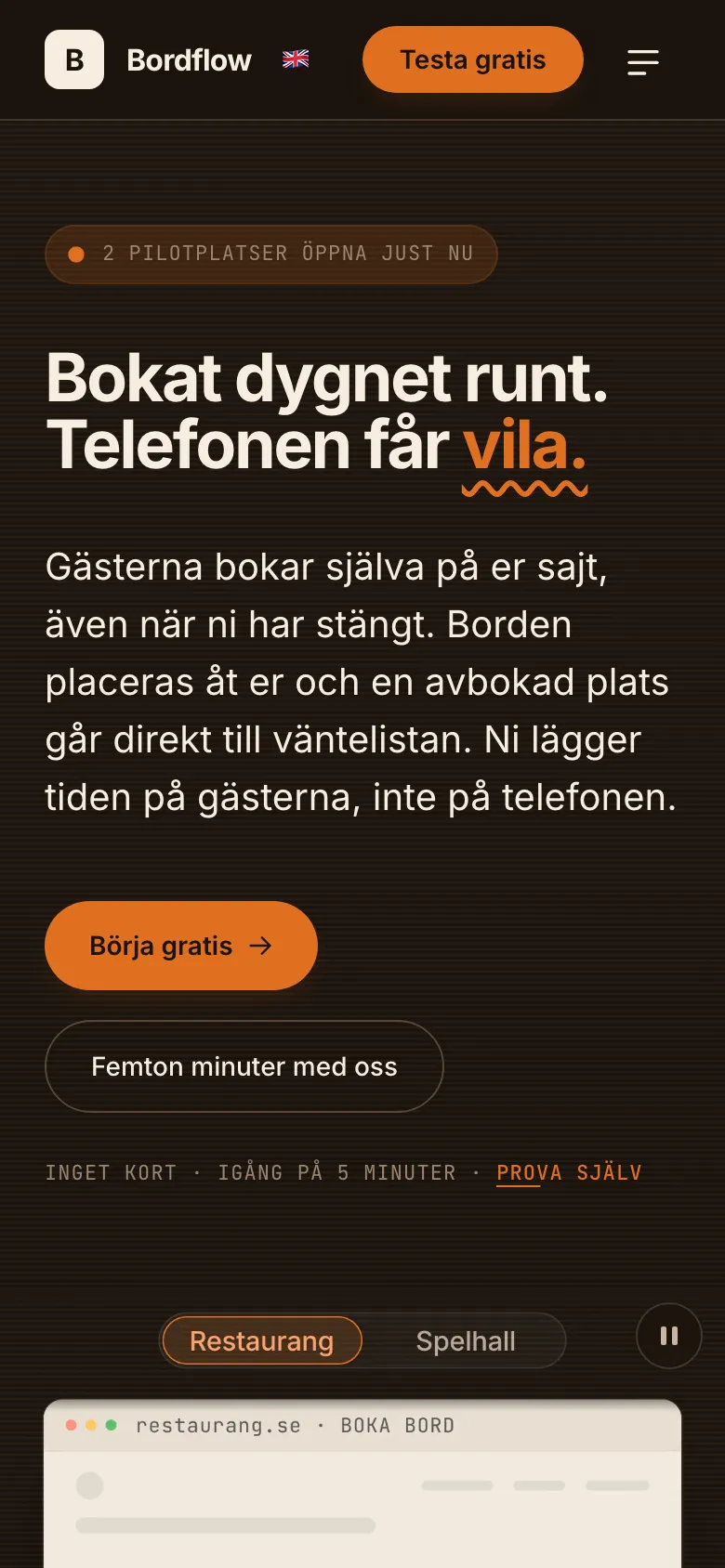 Skärmbild av Bordflow i mobilen
